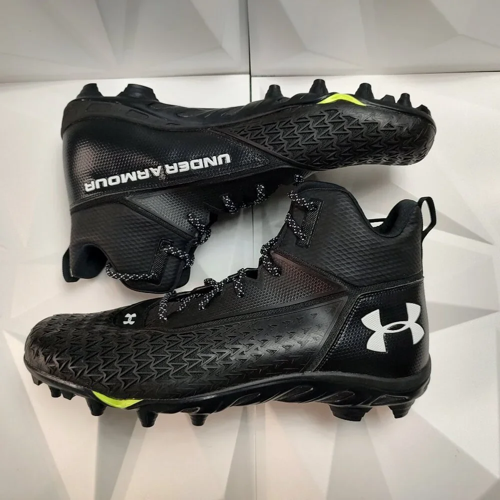 Under Armour Mens Football Cleat 16 Black White Shoe Lacrosse High Molded - Picture 2 of 14